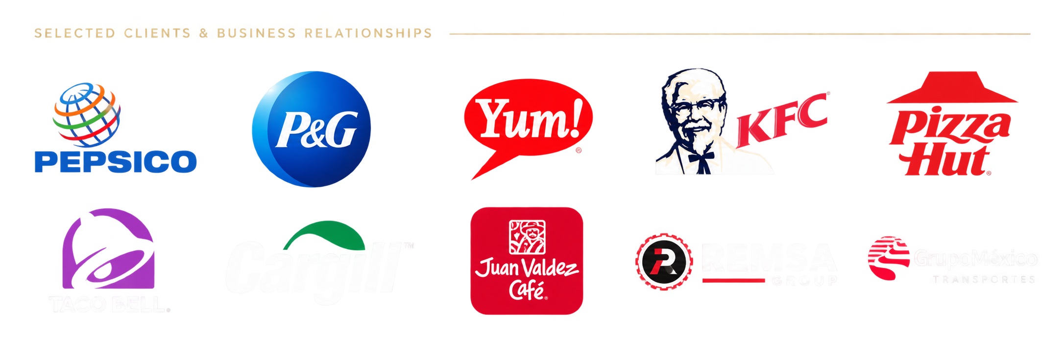 Selected clients and business relationships: PepsiCo, P&G, Yum!, KFC, Pizza Hut, Taco Bell, Cargill, Juan Valdez Café, REMSA Group and Grupo México Transportes